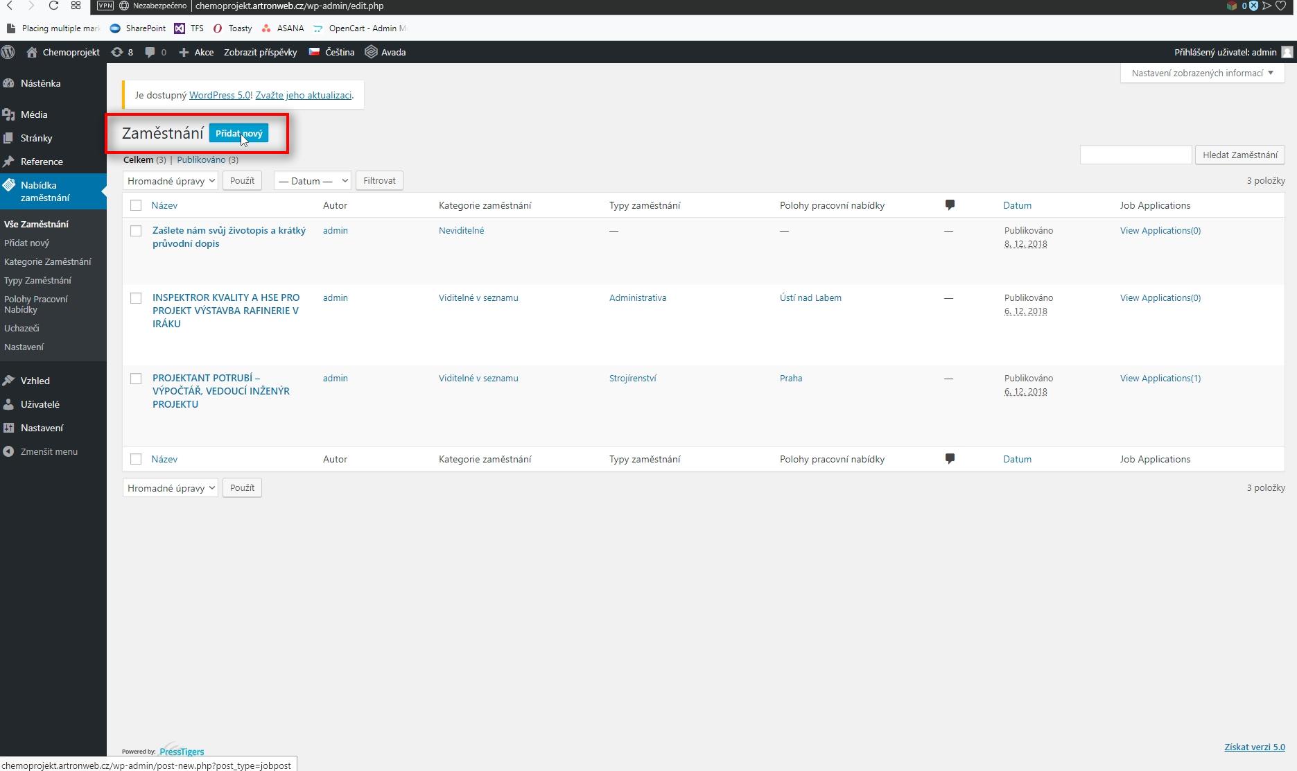 Nová pracovní pozice Klikněte na tlačítko Přidat nový